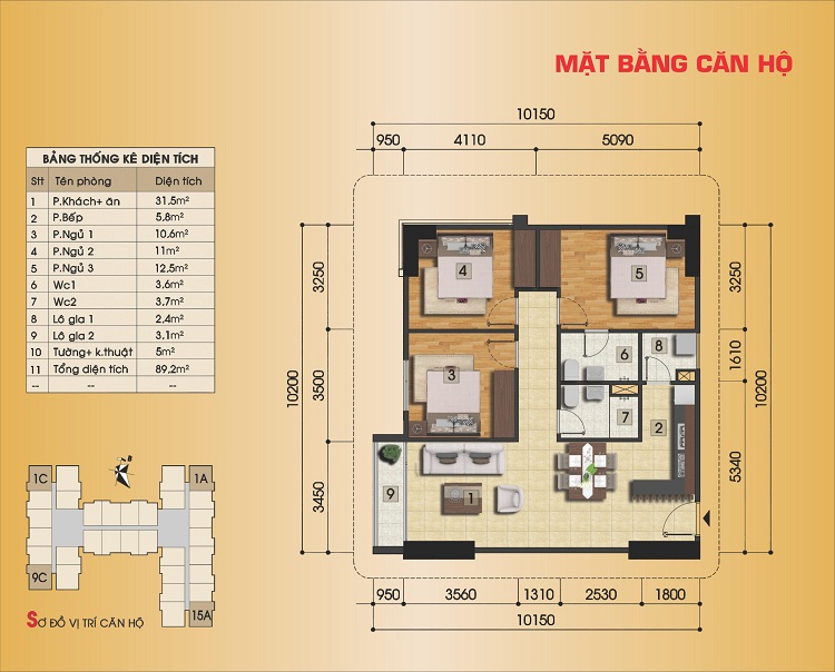 Căn hộ 3 phòng ngủ Gemek Premium